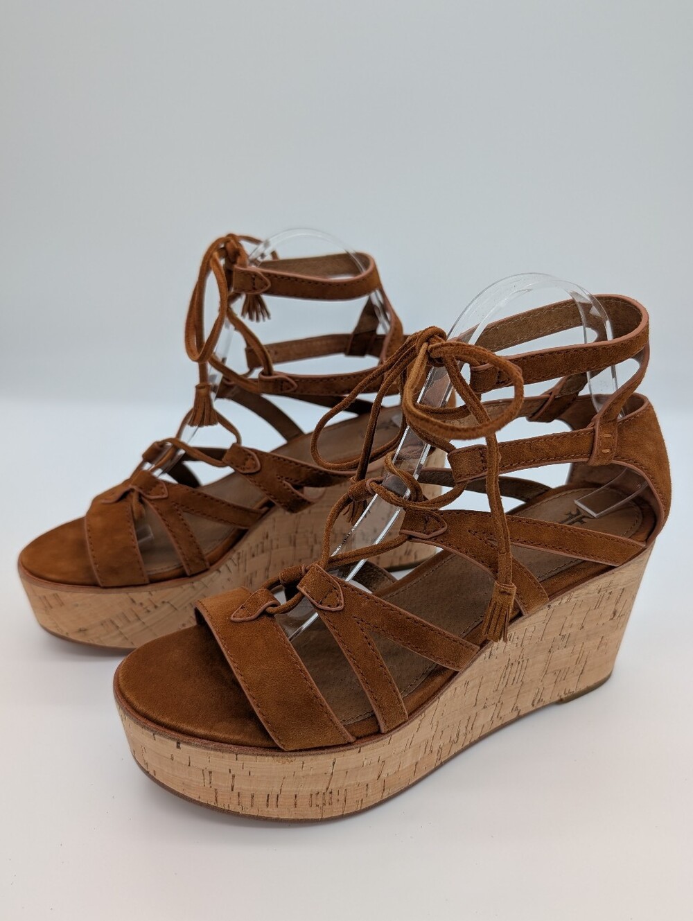 Frye Heather Gladiator Suede Platform Cork Wedge Sandals Nutmeg Brown 8M